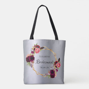 Bolso De Tela Flores de plata de la dama de honor burgundy