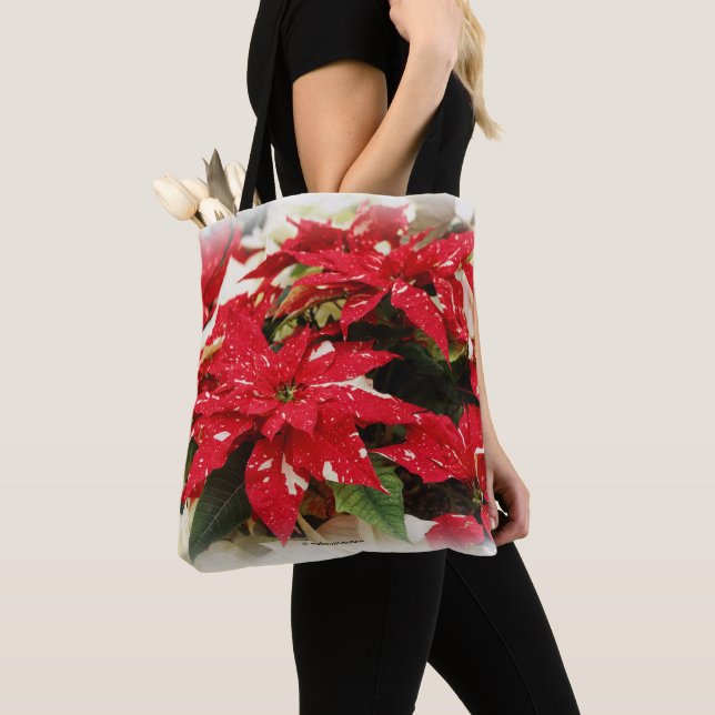 Bolso De Tela Flores de Poinsettia floral blanca y roja festiva (Detalle)