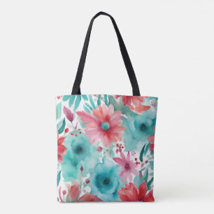 Bolso De Tela Flores de primavera acuarela azul turquesa rojas