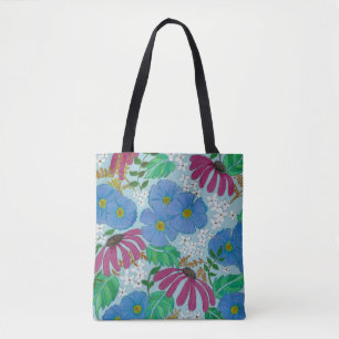 Bolso De Tela Flores de primavera azul perwinkle y Tote rosa