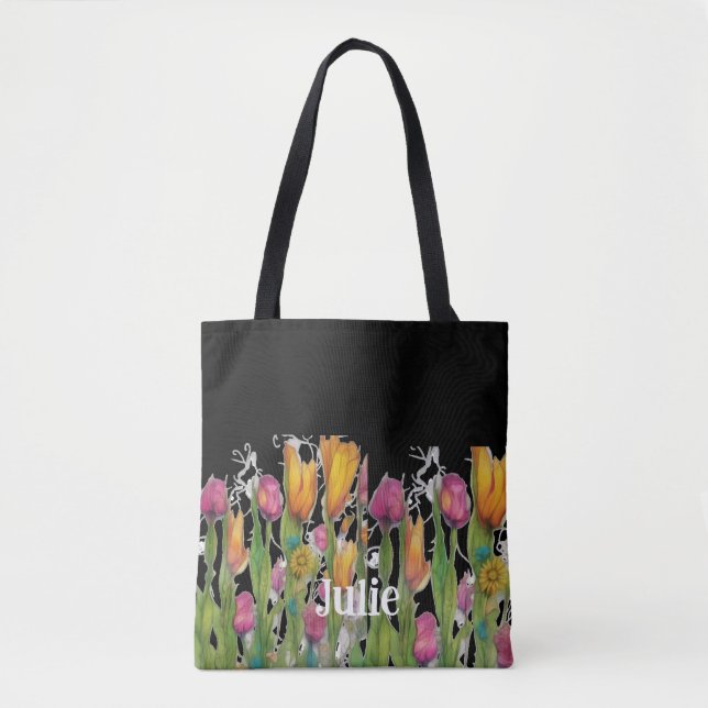 Bolso De Tela Flores de primavera personalizadas en negro (Anverso)