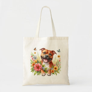 Bolso De Tela Flores de primavera Red Staffordshire Bull Terrier