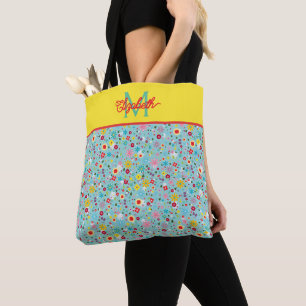 Bolso De Tela Flores de primavera sobre monograma azul acuático