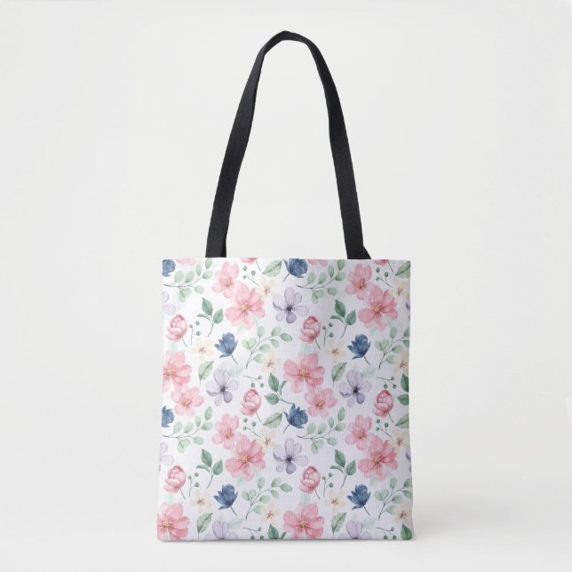 Bolso De Tela Flores de primavera y patrón de hojas (Anverso)