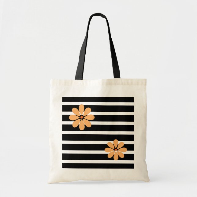 Bolso De Tela Flores de Rayas Negras (Frente)