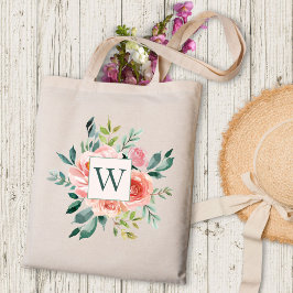 Bolso De Tela Flores de rosa rosa rosa y peón monogramadas