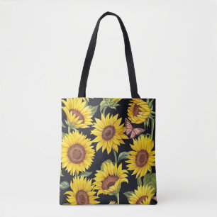 Bolso De Tela Flores de sol, mariposas, acuarela de fondo negro