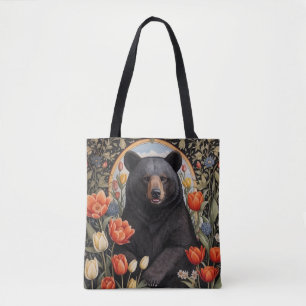 Bolso De Tela Flores de tulipanes coloridas del oso negro