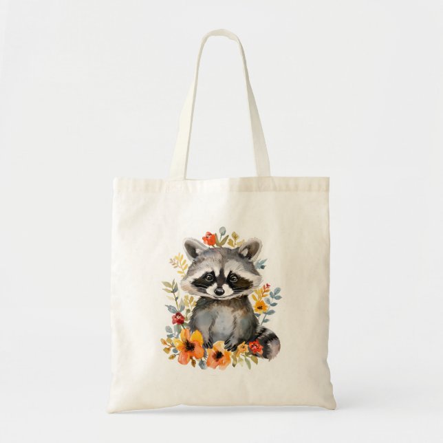 Bolso De Tela Flores de verano acuarela de mapache (Frente)