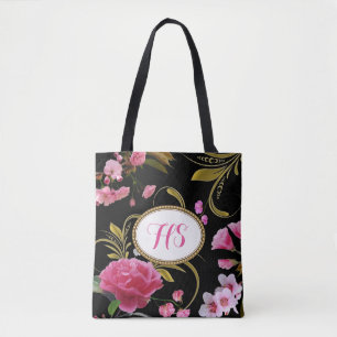 Bolso De Tela Flores del rosa del texto del monograma o del