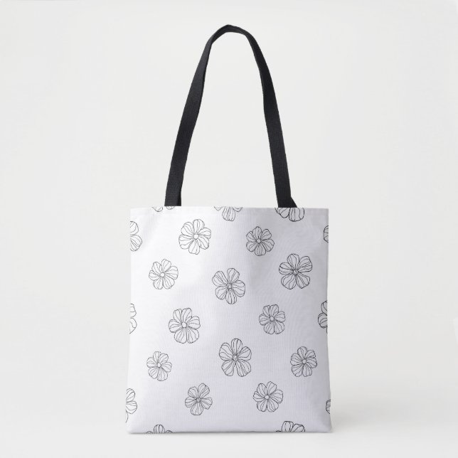 Bolso De Tela Flores dibujadas a mano negra con fondo blanco. Se (Anverso)