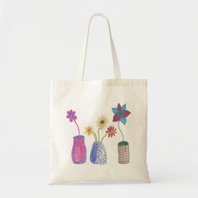 Bolso De Tela Flores dibujadas mano en florero (Frente)