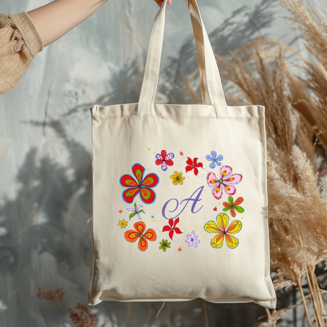 Bolso De Tela Flores divertidas Monograma Ilustrado Inicial (Subido por el creador)