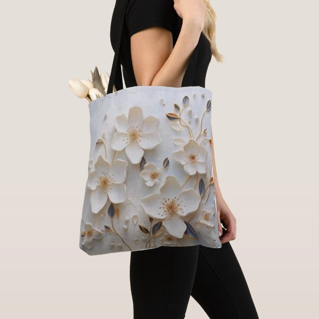 Bolso De Tela Flores doradas: Tote blanco con Desi floral elegan (Detalle)