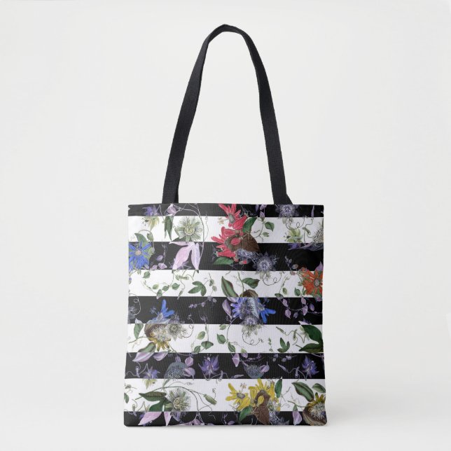 Bolso De Tela Flores elegantes de rayas negras y blancas (Anverso)