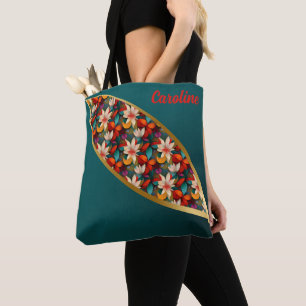 Bolso De Tela Flores elegantes y acentos dorados sobre fondo ver