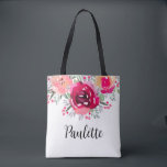 Bolso De Tela Flores en acuarela personalizadas<br><div class="desc">Regala esta hermosa bolsa tote personalizada con flores vibrantes en tonos rosa y crema y personalizada con letras elegantes a alguien especial o hazla para ti misma. ARTÍCULOS COINCIDENTES en nuestra tienda.</div>