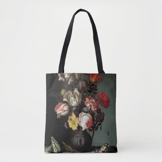 Bolso De Tela Flores en una barrera con conchas e insectos (Anverso)