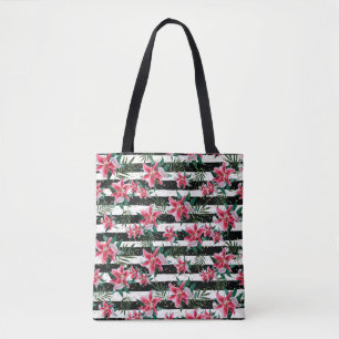Bolso De Tela Flores espumosas tropicales rayas negras y blancas