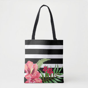 Bolso De Tela Flores Exóticas Y Bandas Blancas Negras