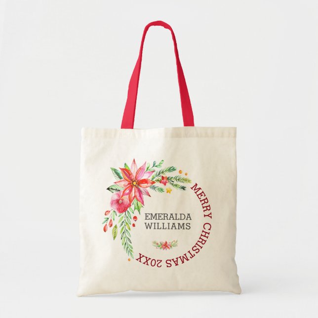 Bolso De Tela Flores florales de navidad Feliz Bouquet & Textos (Frente)