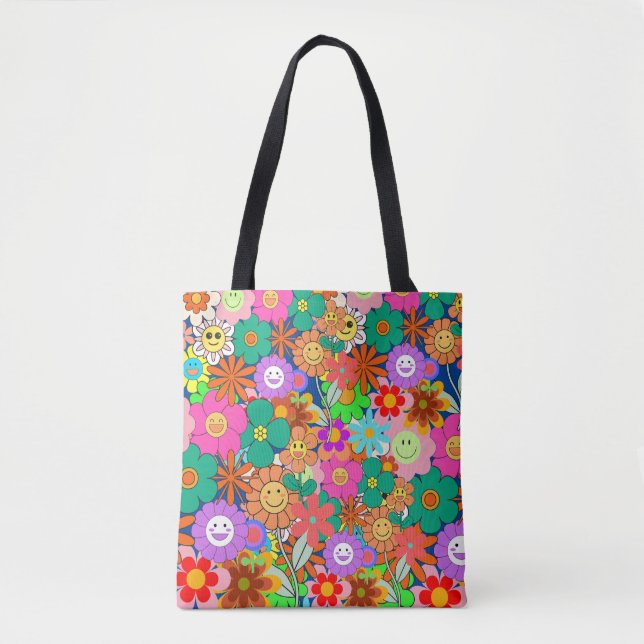 Bolso De Tela Flores Hippie Retro Groovy Boho (Anverso)
