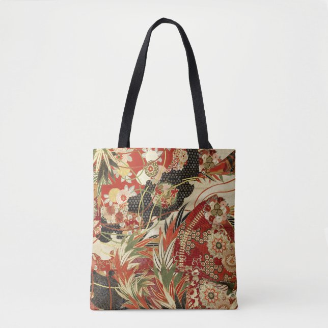 Bolso De Tela FLORES JAPONESES ANTIGUOS FLORES ROJOS Y verdes (Anverso)