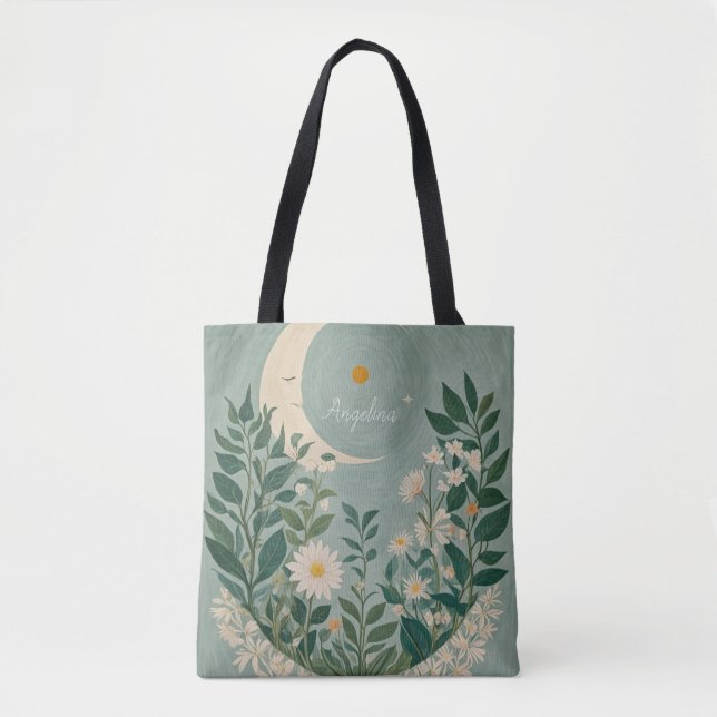Bolso De Tela Flores luna iluminadas: flores pasteles y luna cre (Anverso)