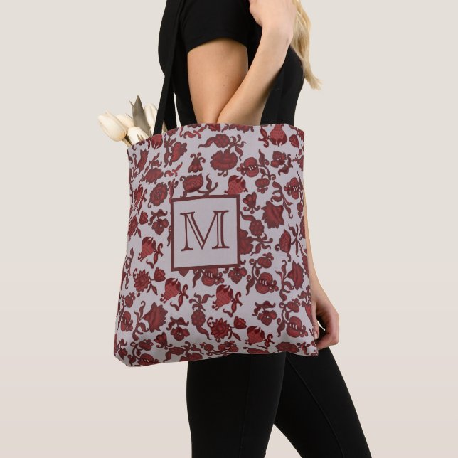 Bolso De Tela Flores Moda Bohemia Floral Boho Rojo Gris Monogro (Detalle)
