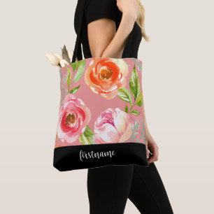 Bolso De Tela Flores modernas con monograma de escritura femenin
