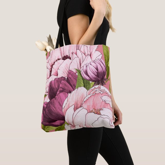 Bolso De Tela Flores modernas de peones rosados y ciruelas (Detalle)
