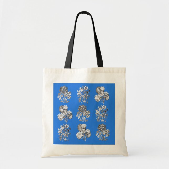 Bolso De Tela Flores monocromas sobre fondo azul eléctrico (Frente)