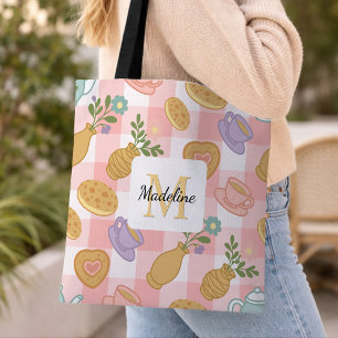 Bolso De Tela Flores Monograma de Té Alto Personalizadas Rosa Pa