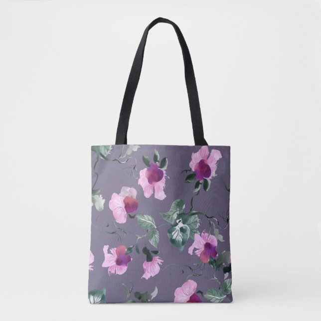 Bolso De Tela Flores moradas: acuarela sin costuras. (Anverso)