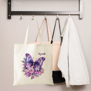 Bolso De Tela Flores moradas rosadas de mariposa