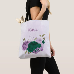 Bolso De Tela flores moradas verdes esmeraldas