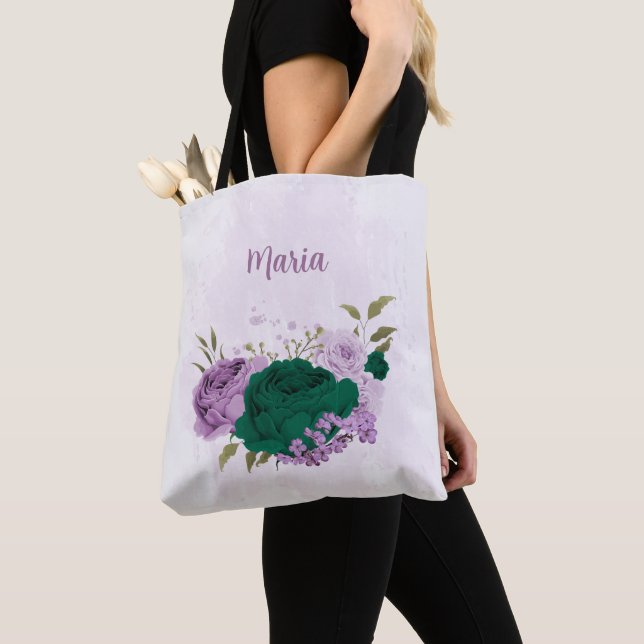Bolso De Tela flores moradas verdes esmeraldas (Detalle)