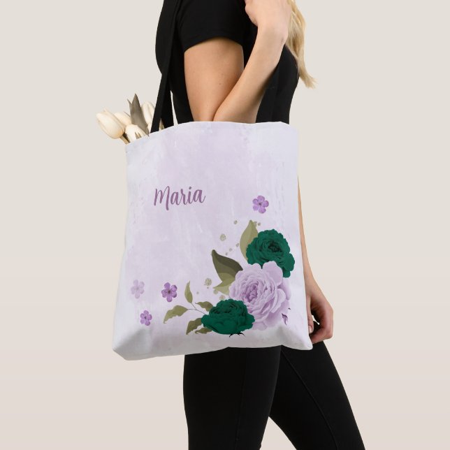 Bolso De Tela flores moradas verdes esmeraldas (Detalle)