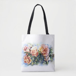 Bolso De Tela Flores naranjas acuarelas rosas ilustracion flowe