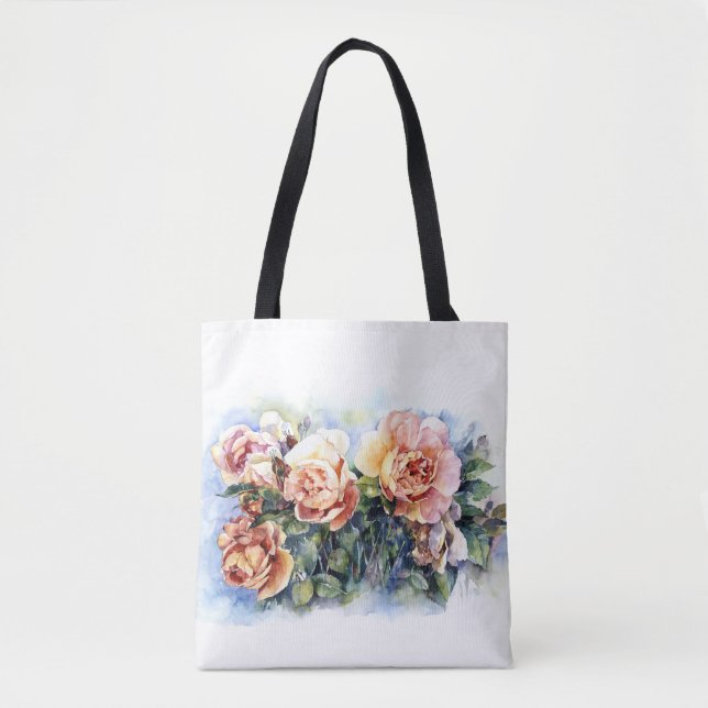 Bolso De Tela Flores naranjas acuarelas rosas ilustracion flowe (Anverso)