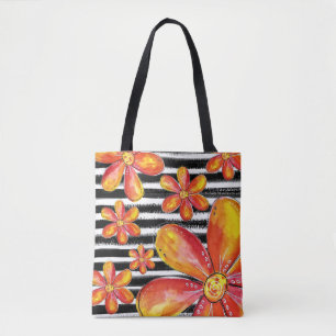 Bolso De Tela Flores naranjas en franjas negras
