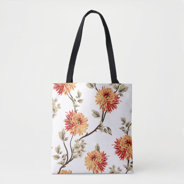 Bolso De Tela flores naranjas lindas con un patrón de hojas marr (Anverso)