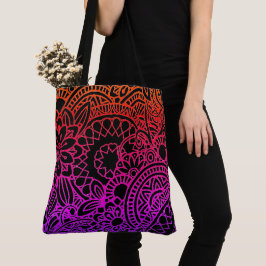 Bolso De Tela Flores naranjas y moradas con fondo negro