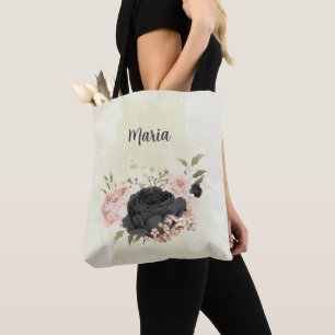 Bolso De Tela flores negras rosadas