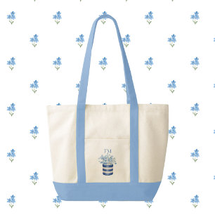 Bolso De Tela Flores Olvide Me Not con Ribete de Contraste