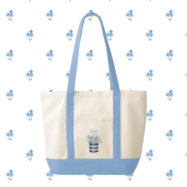 Bolso De Tela Flores Olvide Me Not con Ribete de Contraste (forget me nots monogram tote bag)