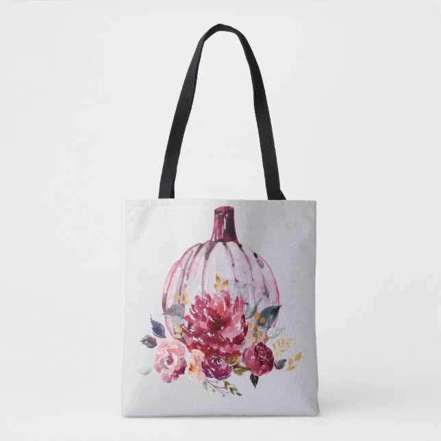 Bolso De Tela Flores otoñales florales de calabaza rosa (Anverso)