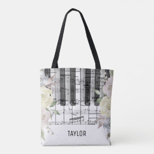 Bolso De Tela flores pálidas notas musicales piano