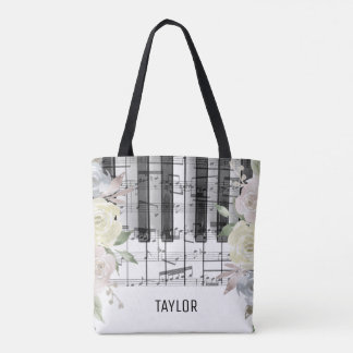 Bolso De Tela flores pálidas notas musicales piano
