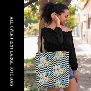 Bolso De Tela Flores Patrón de mariposa Bandas onduladas blancas